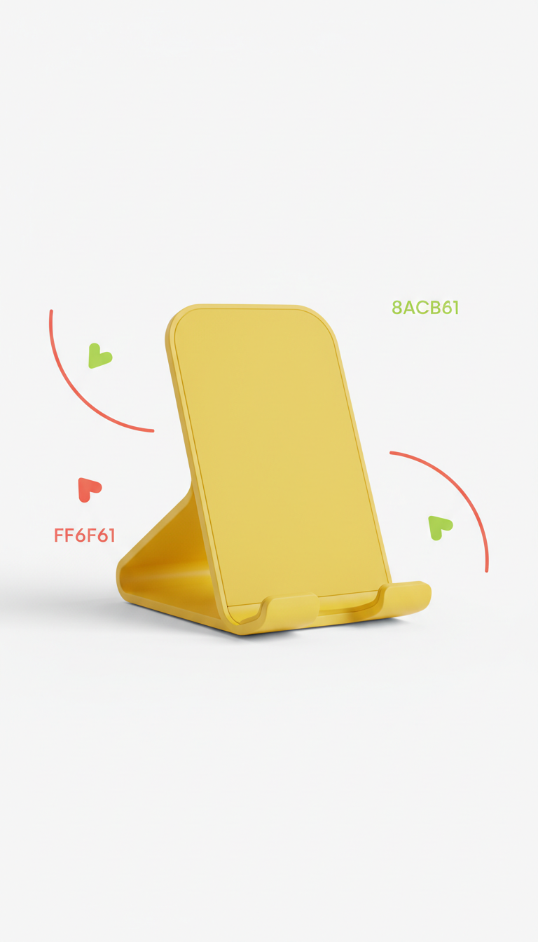 Sunshine Yellow phone stand, Focus on 3/4 angles to highlight both form and functionality. Products should be arranged to...