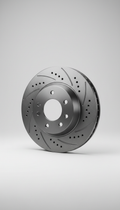 Capture a high-grade performance brake rotor in a portrait frame, centered on a Light Grey background. The rotor is...