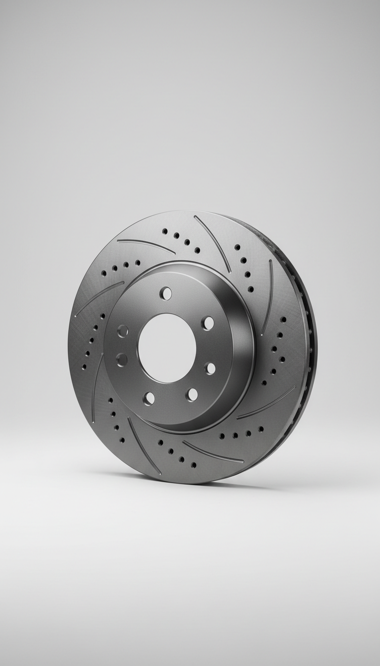 Capture a high-grade performance brake rotor in a portrait frame, centered on a Light Grey background. The rotor is...
