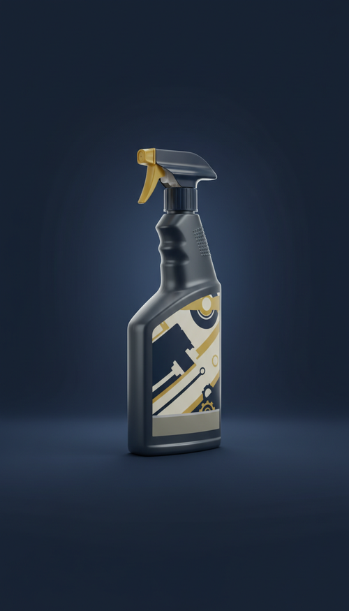 Advanced Engine Degreaser, Shoot products at a 3/4 angle to showcase depth and dimension, with the spotlight creating a...