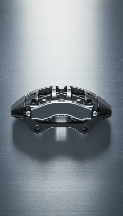 A high-performance brake caliper centered on a clean, brushed metal surface, showcasing its sleek design and...
