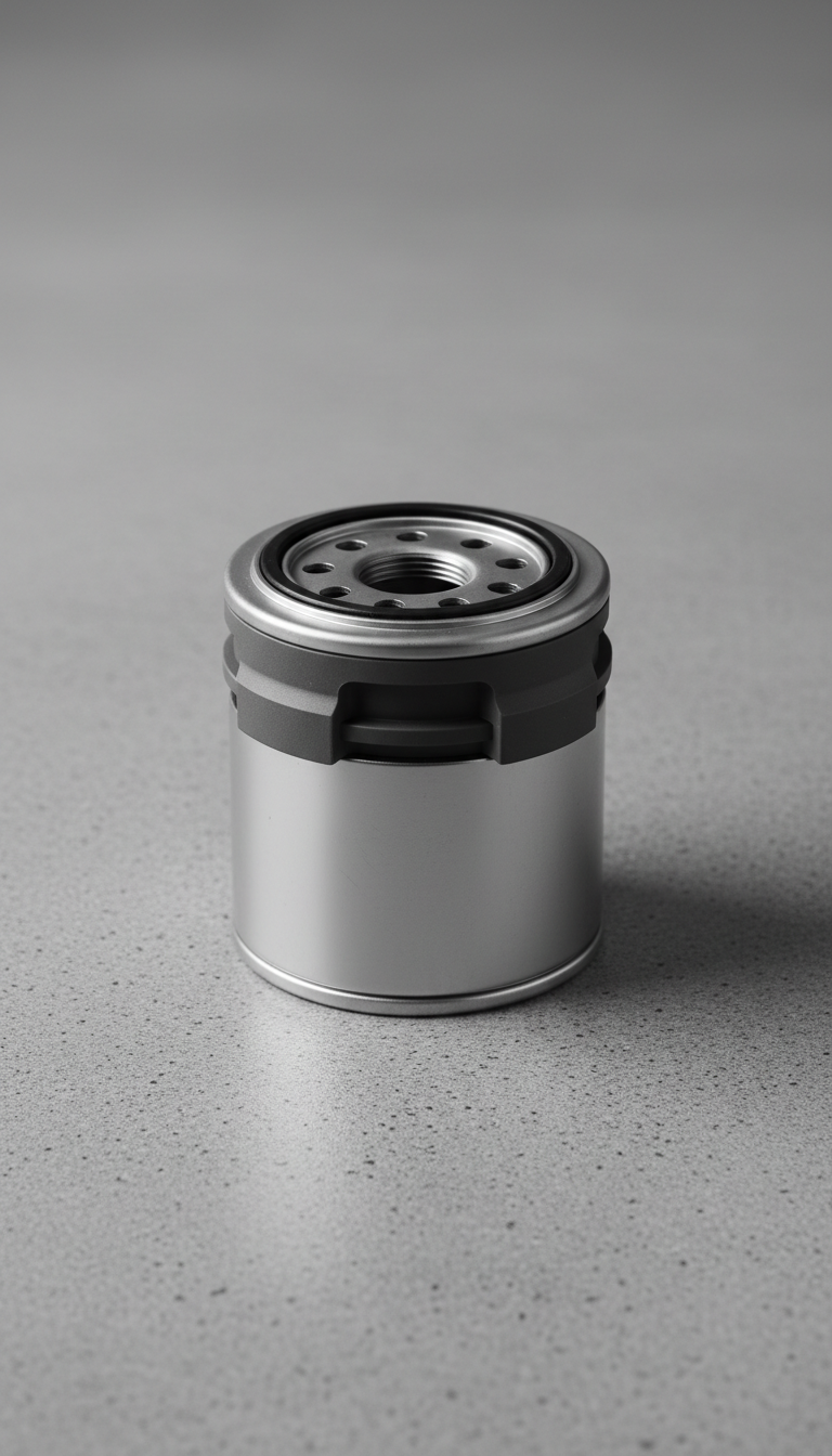 A perfectly centered Land Rover oil filter on a clean, textured surface in Graphite Gray. The product is captured with...