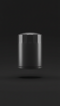 Graphite black oil filter, Default angle: assertive 3/4 front with slight downward tilt—a 'hero' perspective that shows...