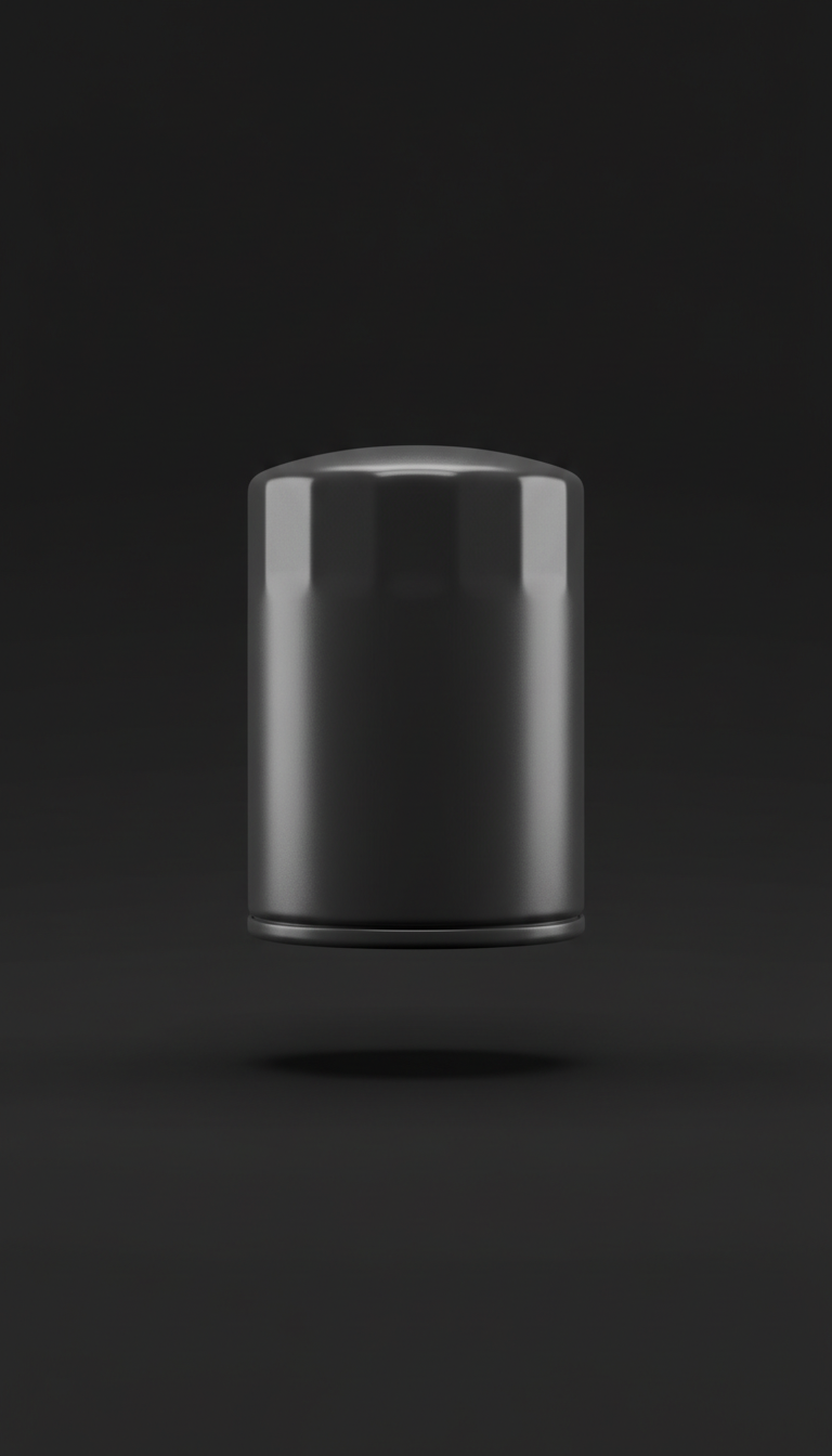 Graphite black oil filter, Default angle: assertive 3/4 front with slight downward tilt—a 'hero' perspective that shows...