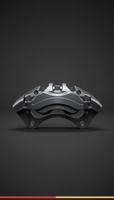 Forged aluminum brake caliper, Default is 3/4 angle hero shot against matte black or carbon fiber textured background with...