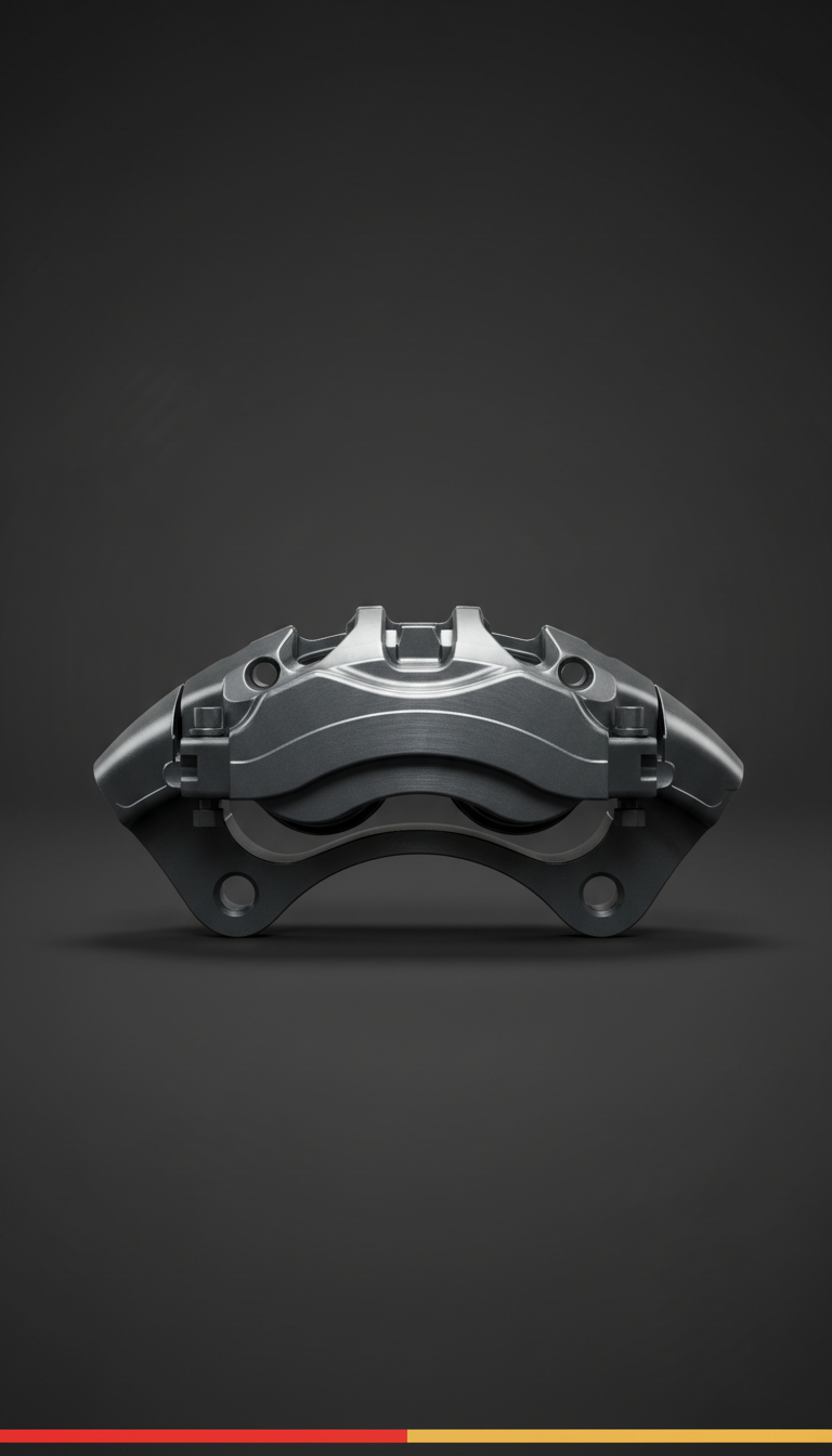 Forged aluminum brake caliper, Default is 3/4 angle hero shot against matte black or carbon fiber textured background with...