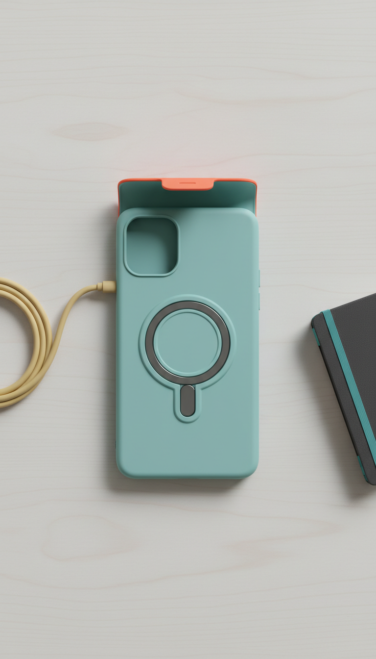 Magnetic phone case, Hero product shots at 3/4 angle on clean neutral backgrounds (Cloud Grey or light wood), with one...