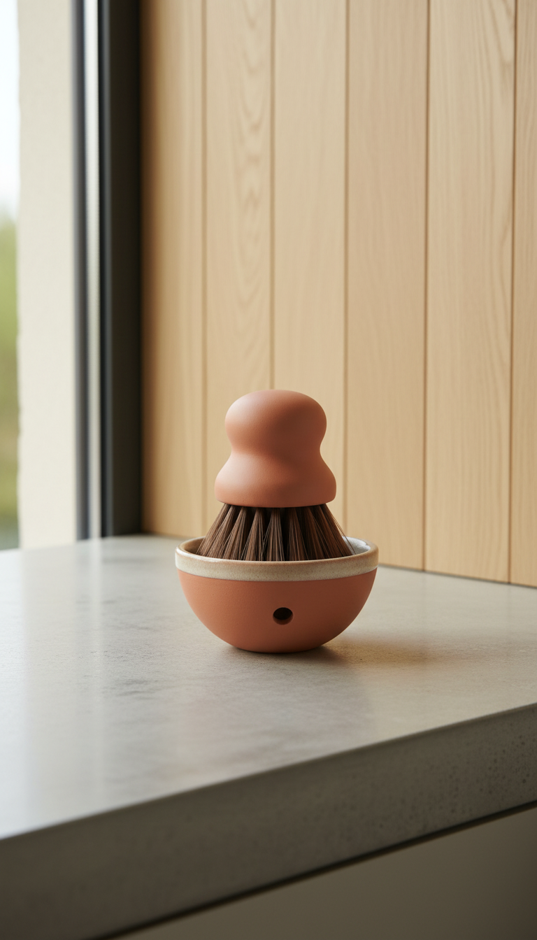 Modern terracotta utility brush with base in a new setting
