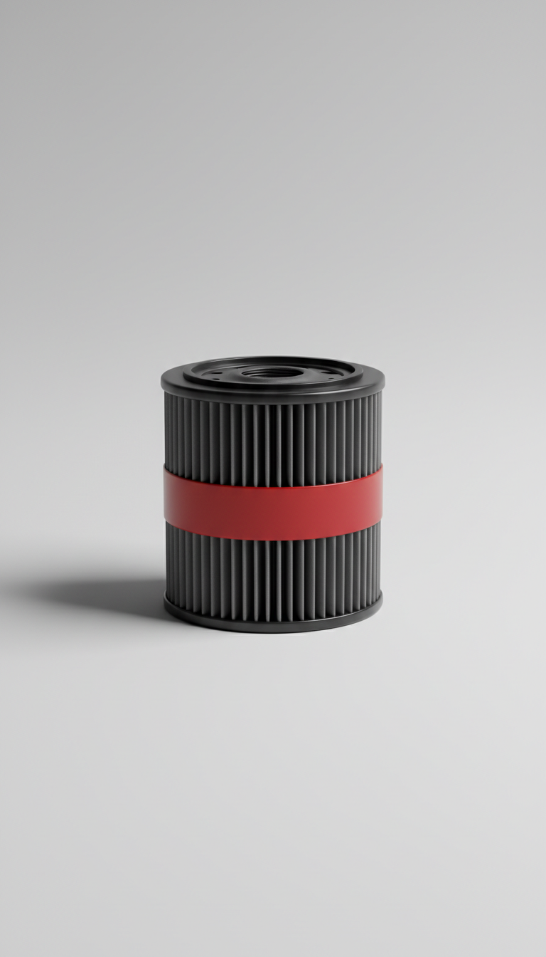Monochrome engine oil filter, Three-quarter angle is default to reveal both top surfaces and side profiles of parts;...