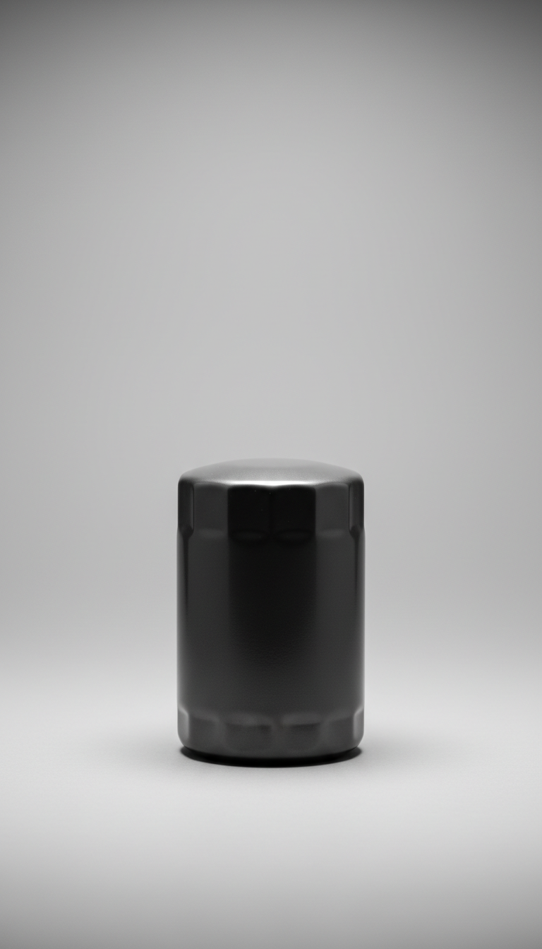 Graphite-finish oil filter, Single product per shot; default angle is 3/4 front view for dimensionality (never flat lay)....