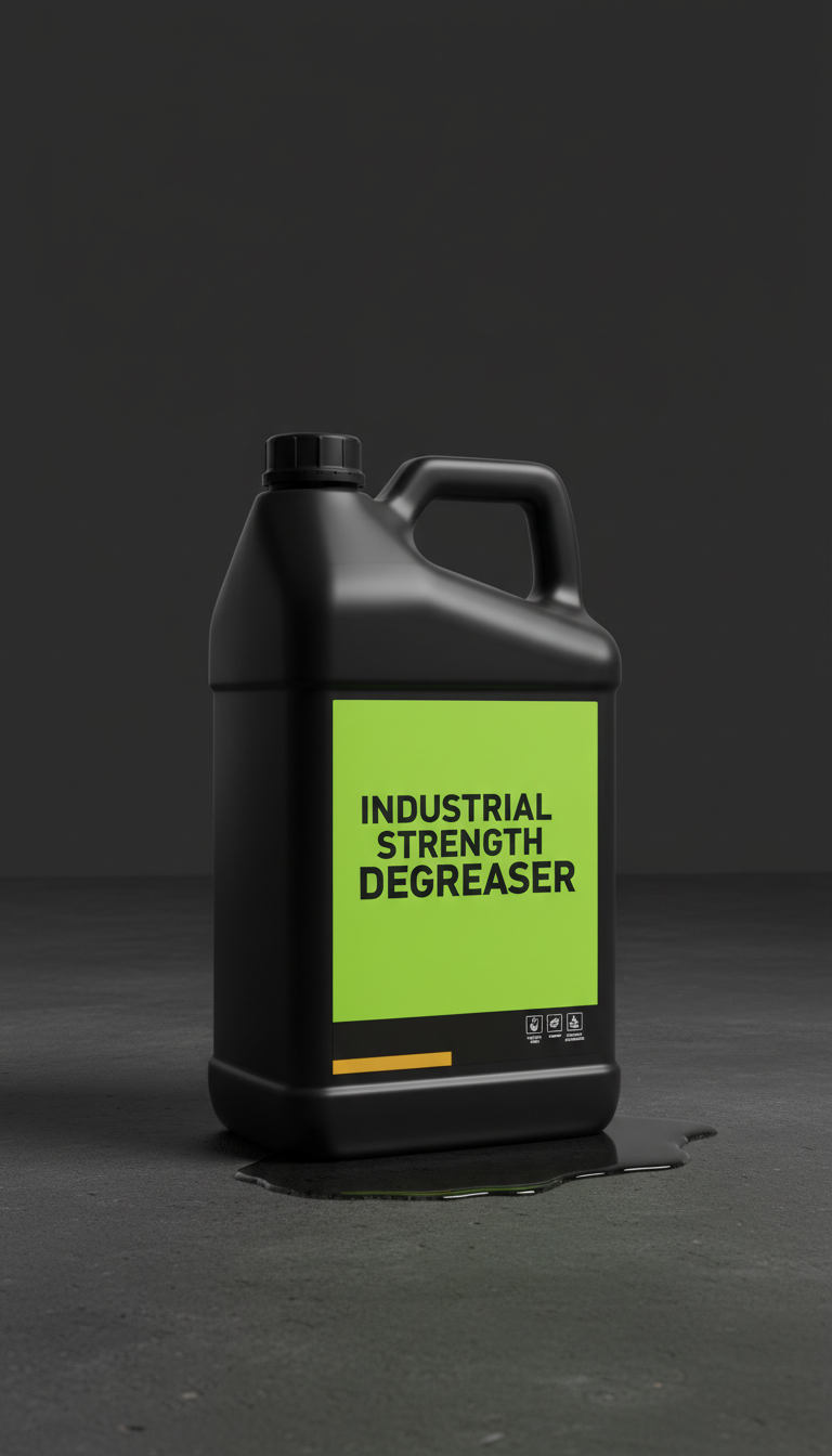 Industrial Degreaser Gallon Bottle, 3/4 angle on single large-volume product against a textured concrete surface or dark...